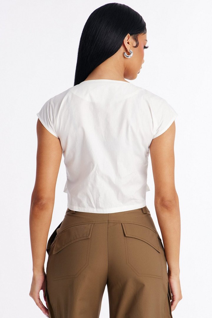 City Steps Front Zip Poplin Top - White