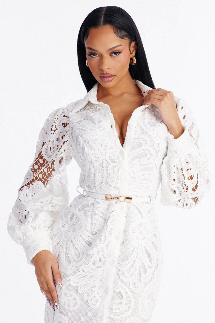 Annette Belted Lace Midi Dress - White