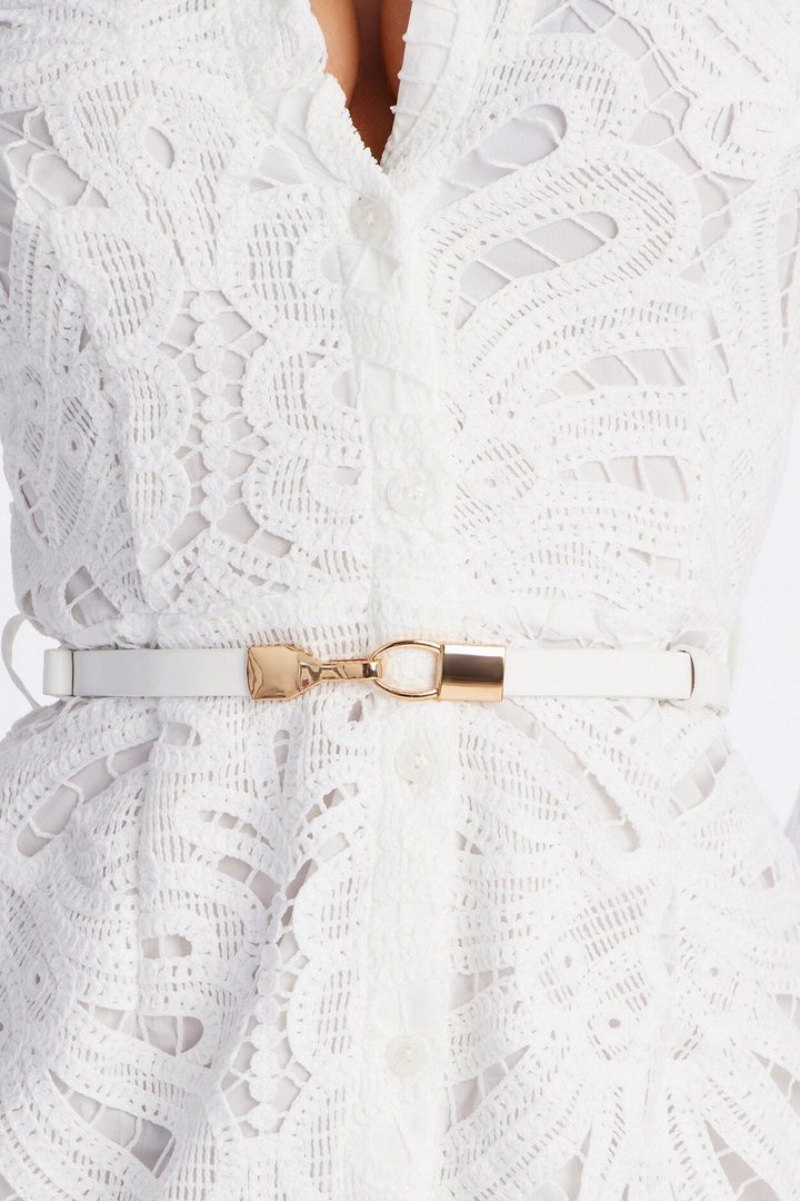 Annette Belted Lace Midi Dress - White