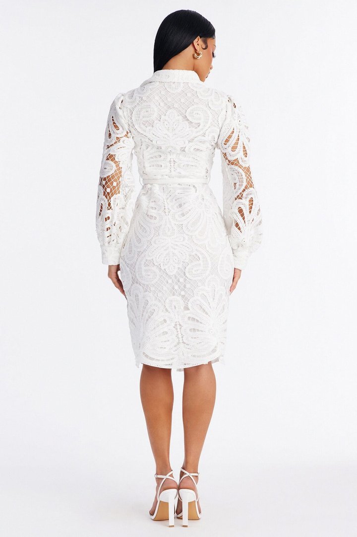 Annette Belted Lace Midi Dress - White