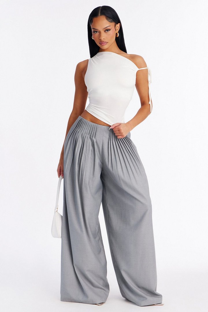 Benny One Shoulder Ruched Tie Strap Top - White