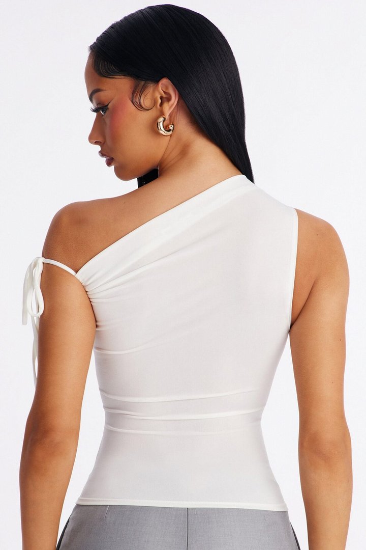 Benny One Shoulder Ruched Tie Strap Top - White