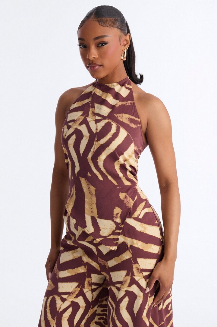 Mara Halter Wide Leg Jumpsuit - Brown/combo