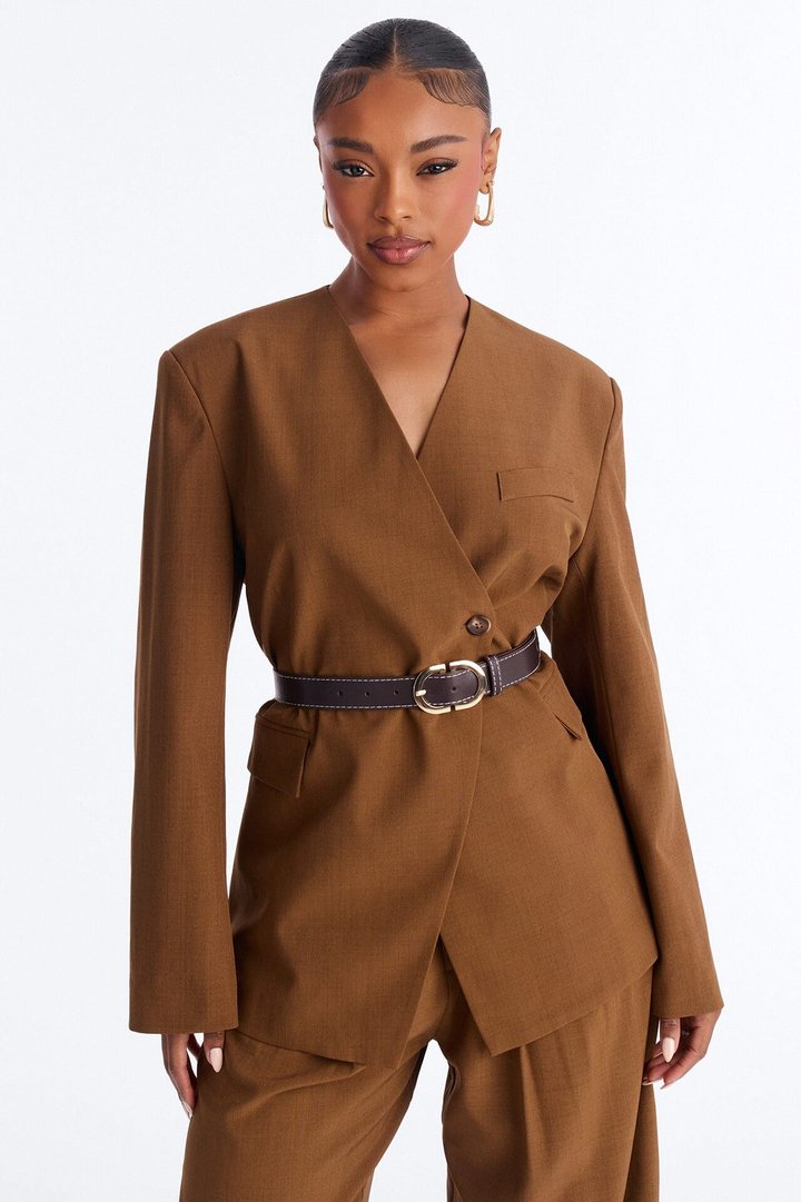 Marayah Belted Blazer Pant Set - Brown