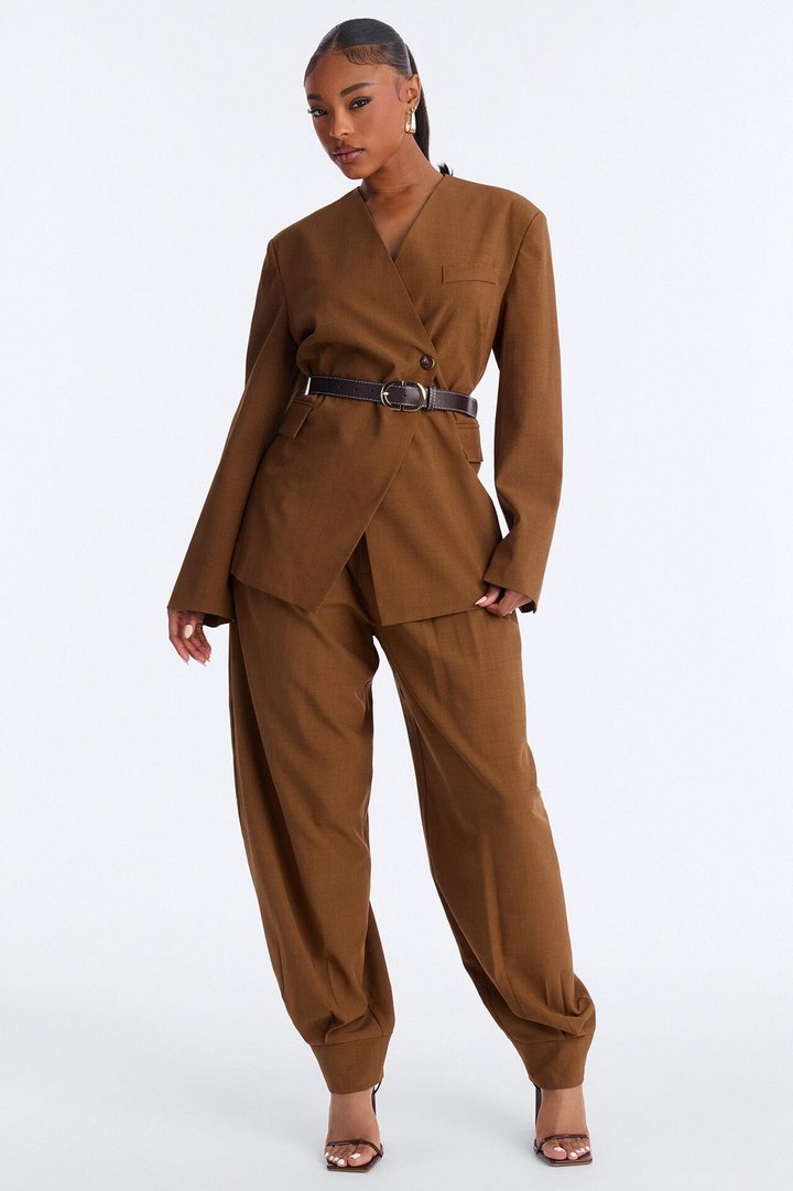 Marayah Belted Blazer Pant Set - Brown