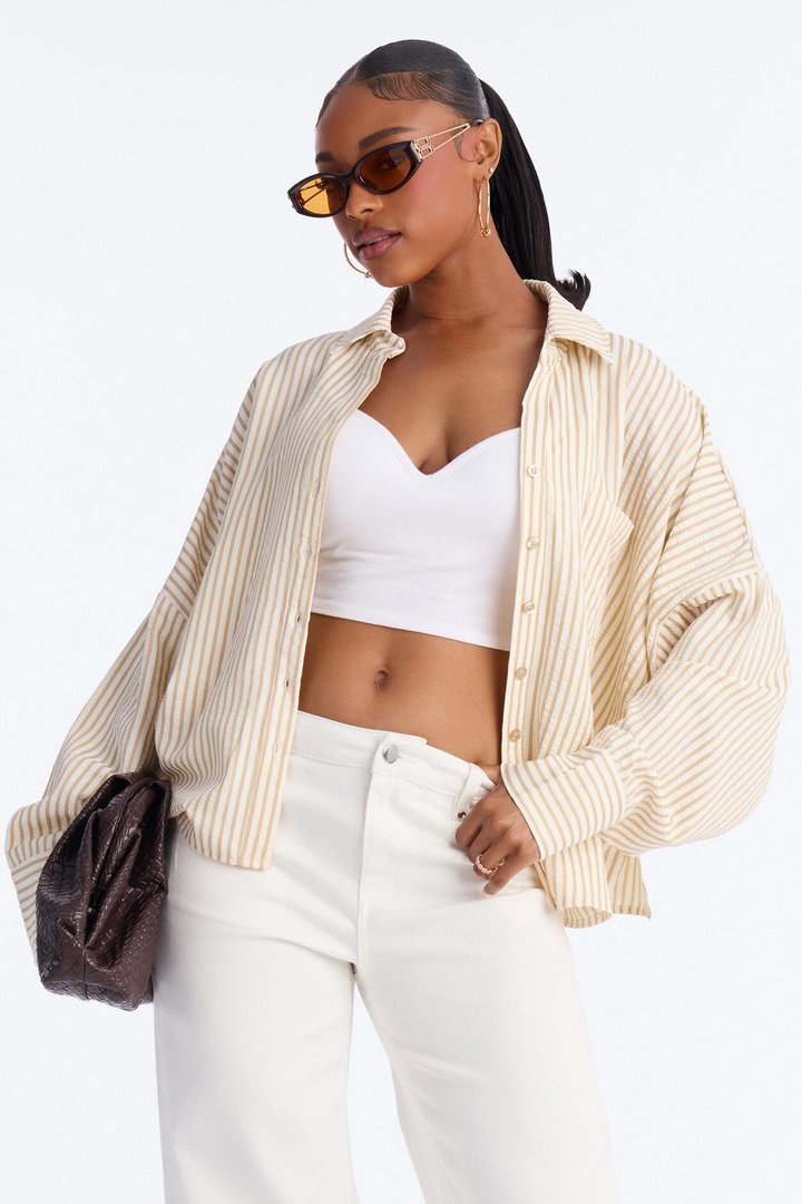 Stay Curious Oversized Stripe Shirt - Taupe