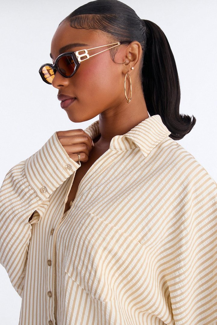 Stay Curious Oversized Stripe Shirt - Taupe