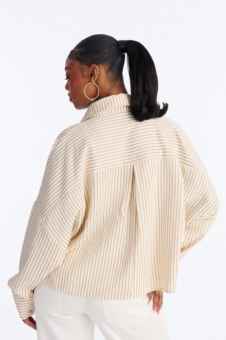 Stay Curious Oversized Stripe Shirt - Taupe