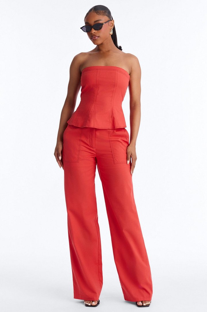 Olivia Linen Strapless Pant Set - Red