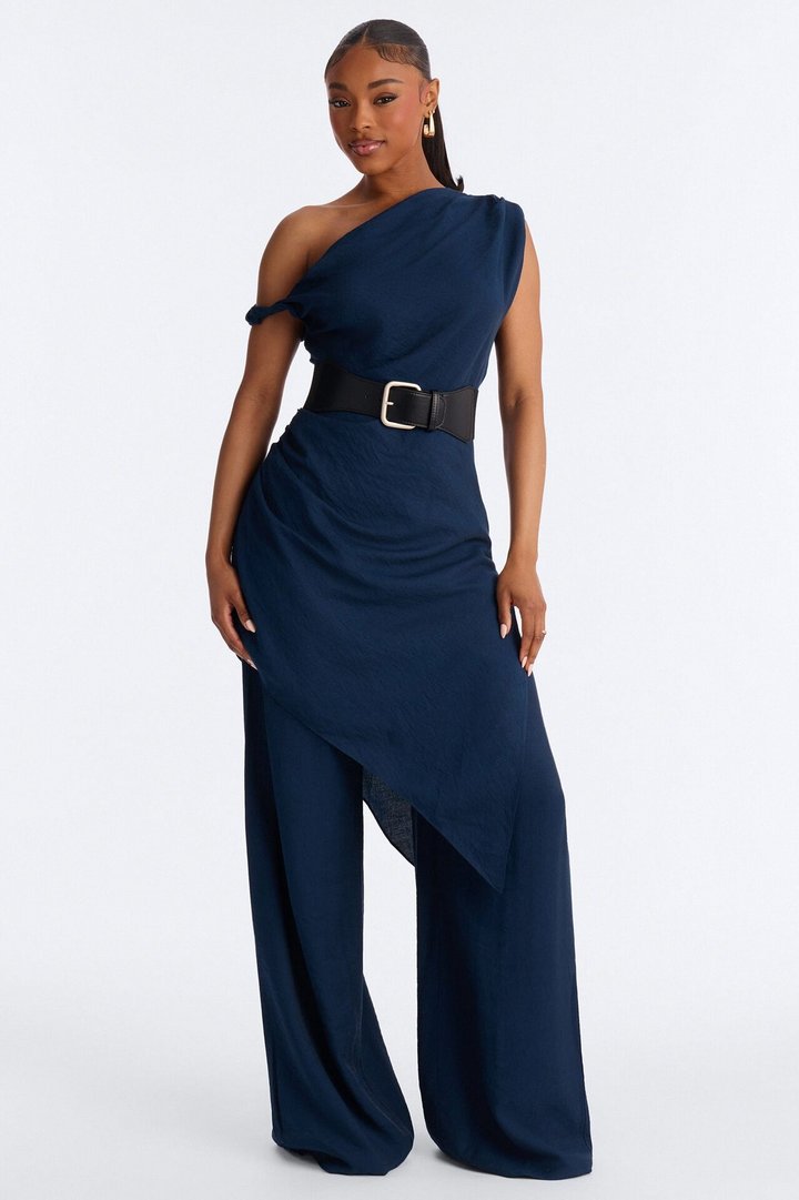 Willow Belted Asymmetrical Pant Set - Navy