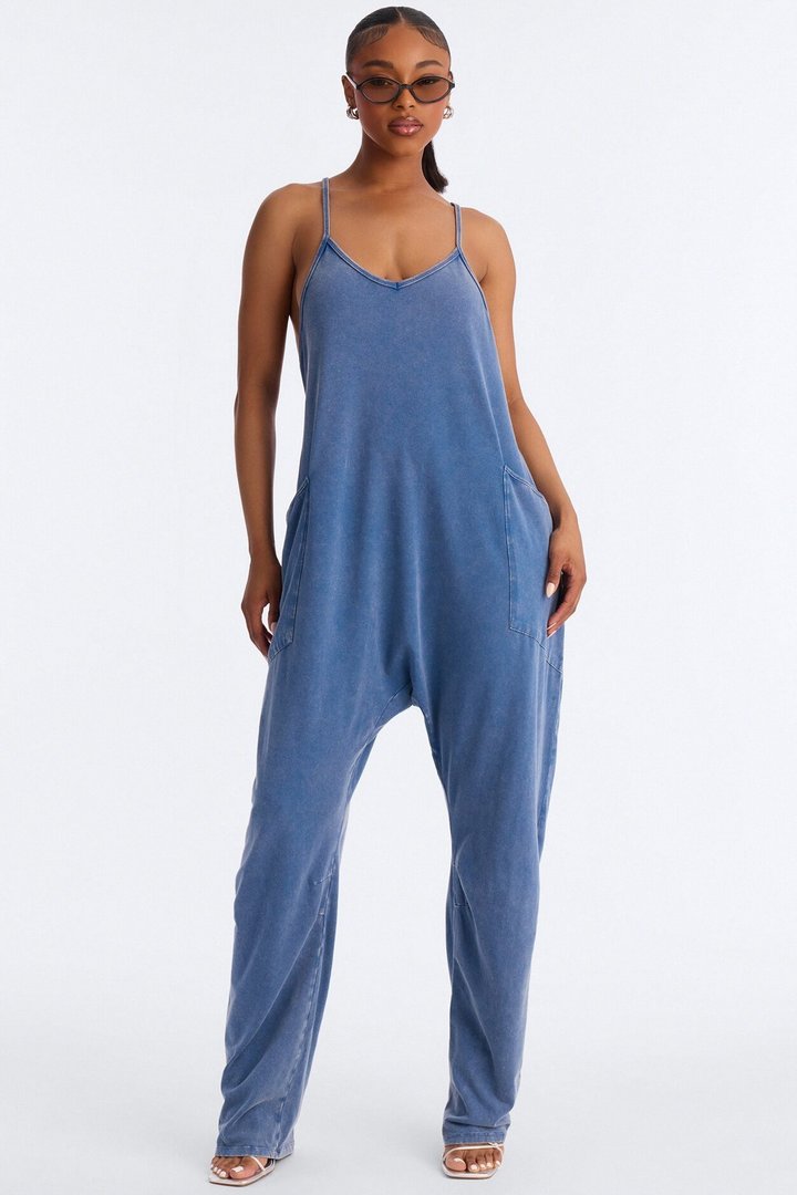 Baggy Days Washed Wide Leg Jumpsuit - Blue