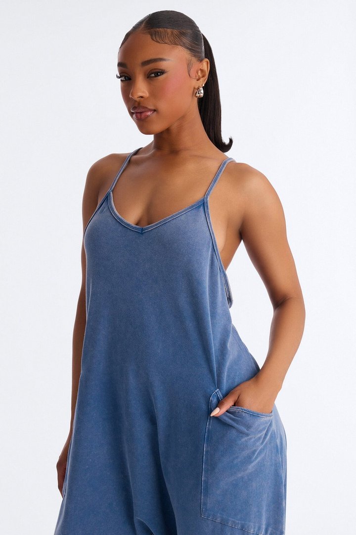 Baggy Days Washed Wide Leg Jumpsuit - Blue
