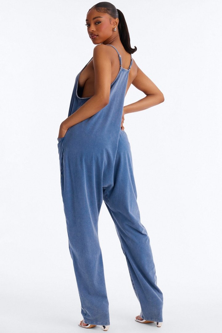 Baggy Days Washed Wide Leg Jumpsuit - Blue