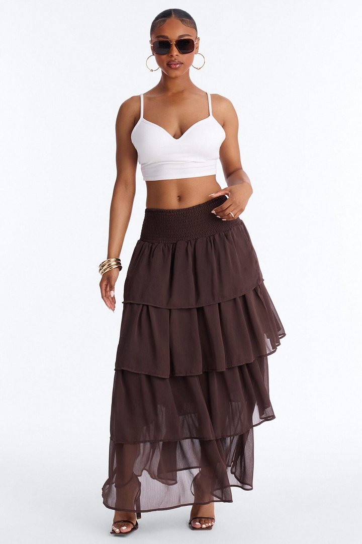 Bohemian Goddess Chiffon Tiered Ruffle Maxi 40″ - Chocolate