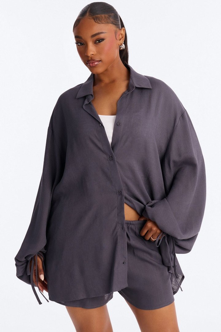 Corinne Linen Short Set - Charcoal