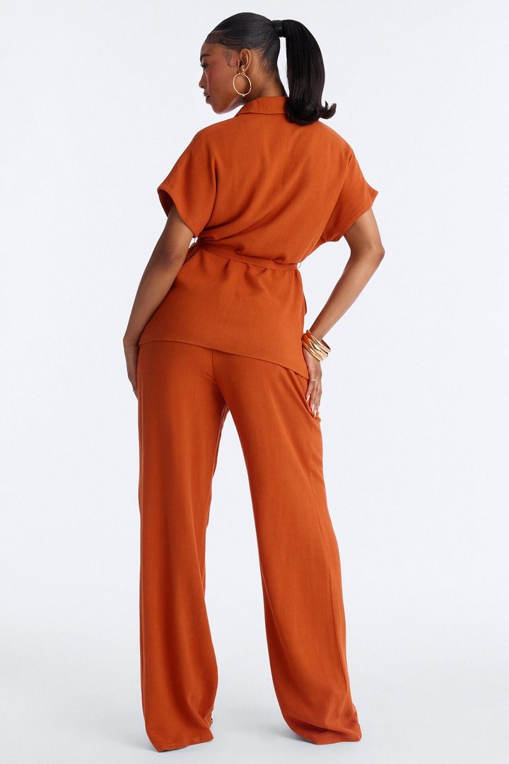 Vanna Linen Tie Waist Pant Set - Rust