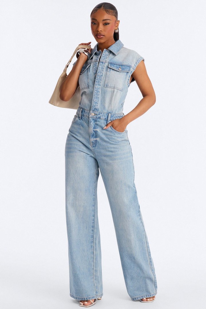 Let's Move Sleeveless Denim Wide Leg Jumpsuit - Light Wash