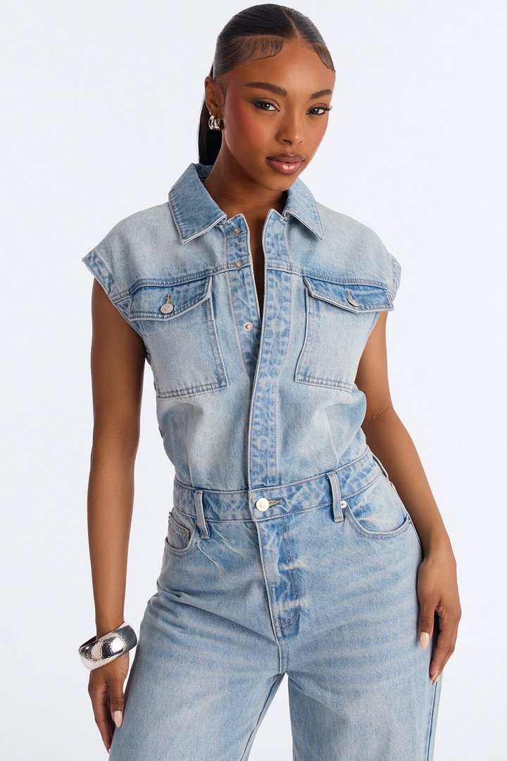 Let's Move Sleeveless Denim Wide Leg Jumpsuit - Light Wash