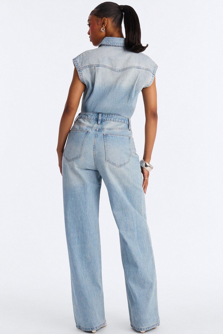 Let's Move Sleeveless Denim Wide Leg Jumpsuit - Light Wash
