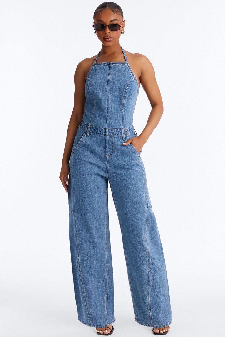 Tiana Backless Denim Barrel Leg Jumpsuit - Medium Wash