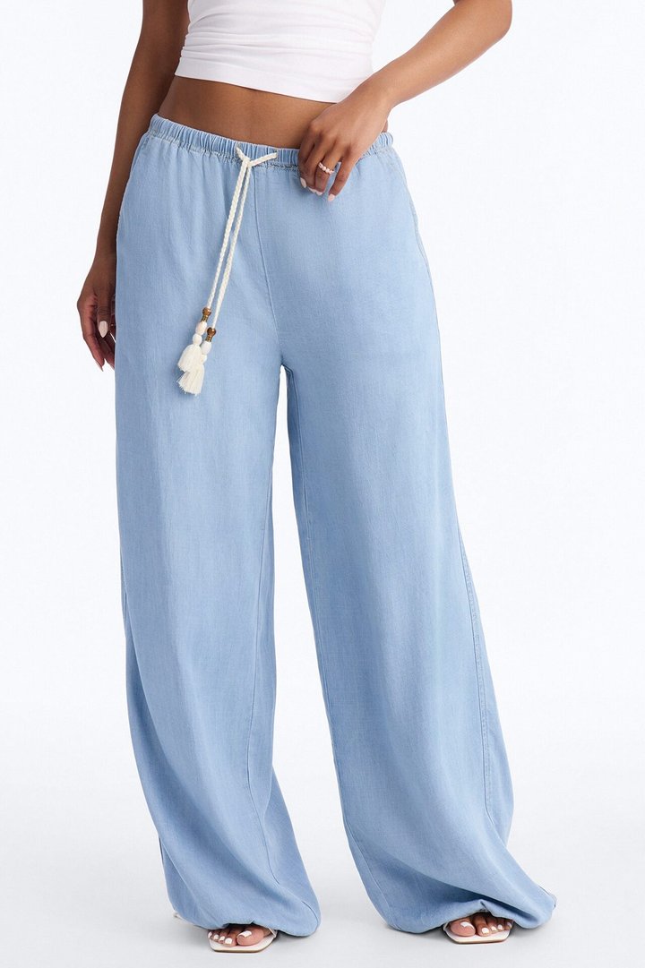 Passport Ready Loose Fit Tie Waist Drapey Jeans - Light Wash