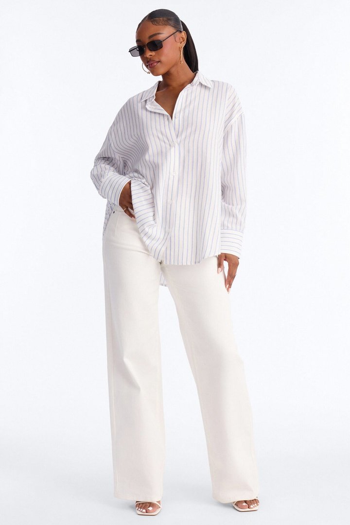 Weekend Mood Oversized Stripe Linen Shirt - Blue/combo