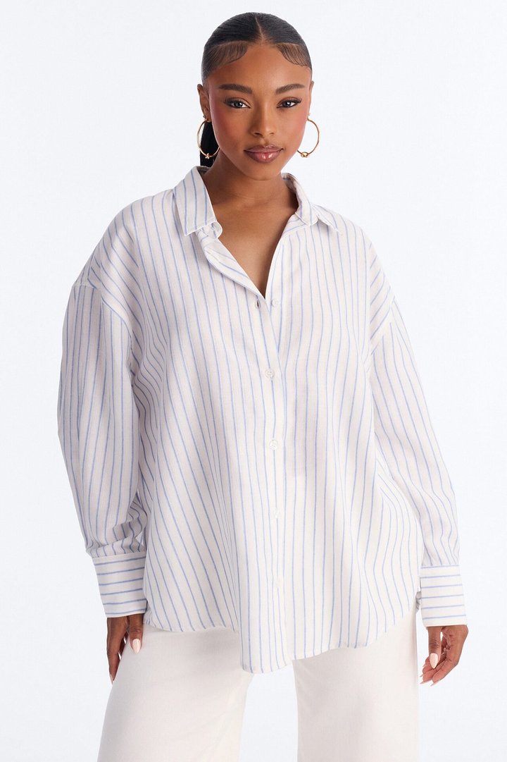 Weekend Mood Oversized Stripe Linen Shirt - Blue/combo