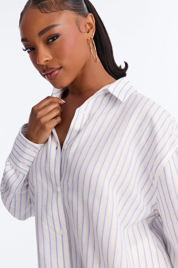 Weekend Mood Oversized Stripe Linen Shirt - Blue/combo