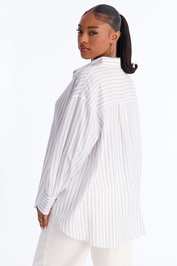 Weekend Mood Oversized Stripe Linen Shirt - Blue/combo