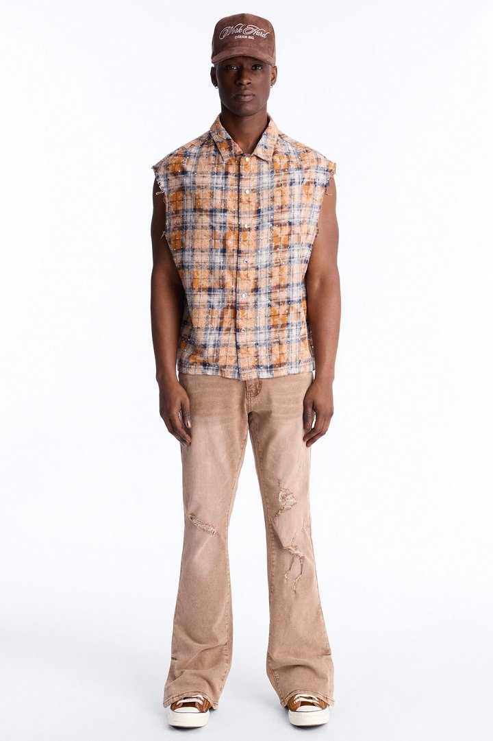 Rhinestone Rain Sleeveless Plaid Flannel - Gold