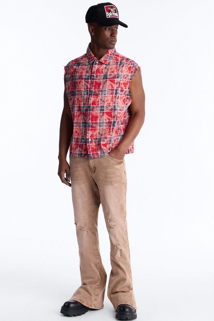 Rhinestone Rain Sleeveless Plaid Flannel - Red