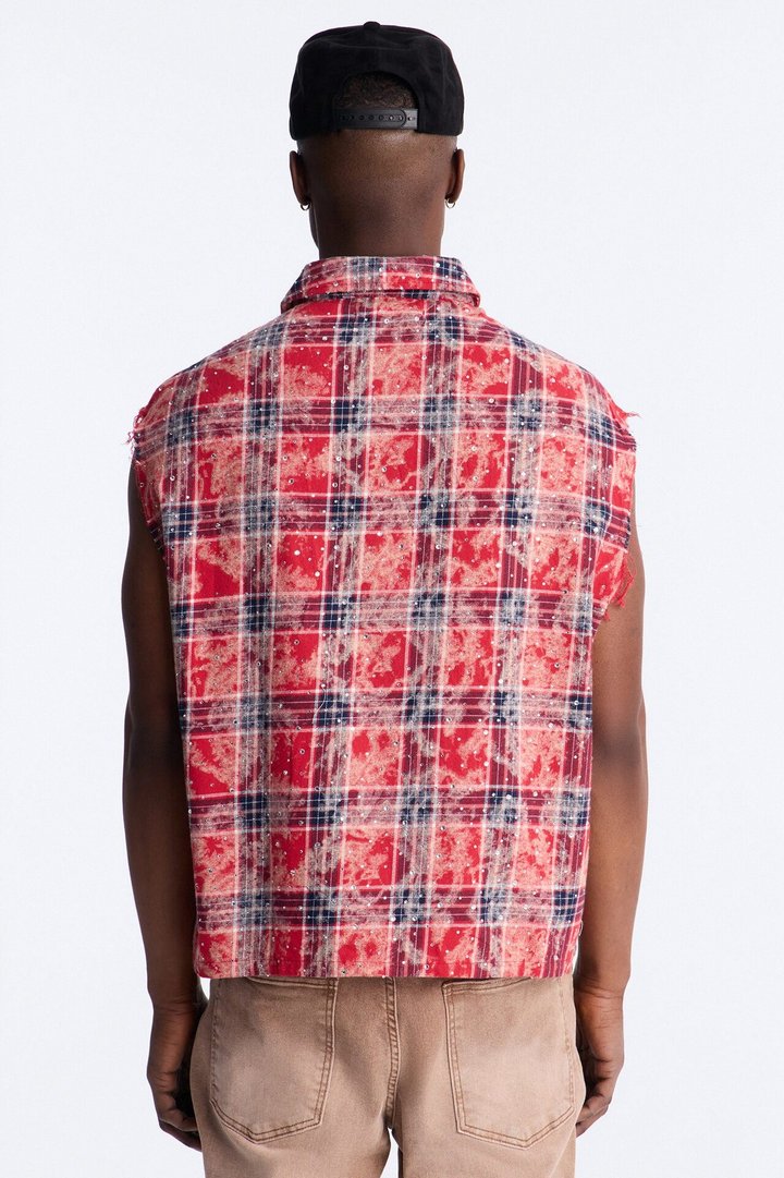 Rhinestone Rain Sleeveless Plaid Flannel - Red
