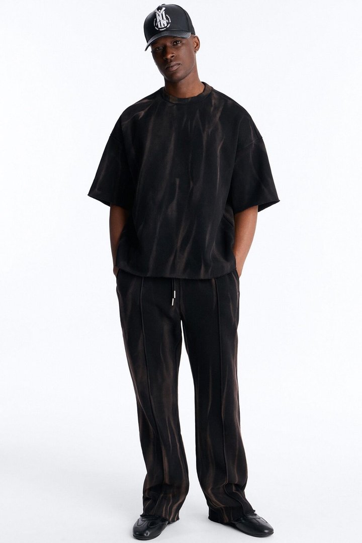 Oversized Bleach Washed Short Sleeve Fleece Tee - Black