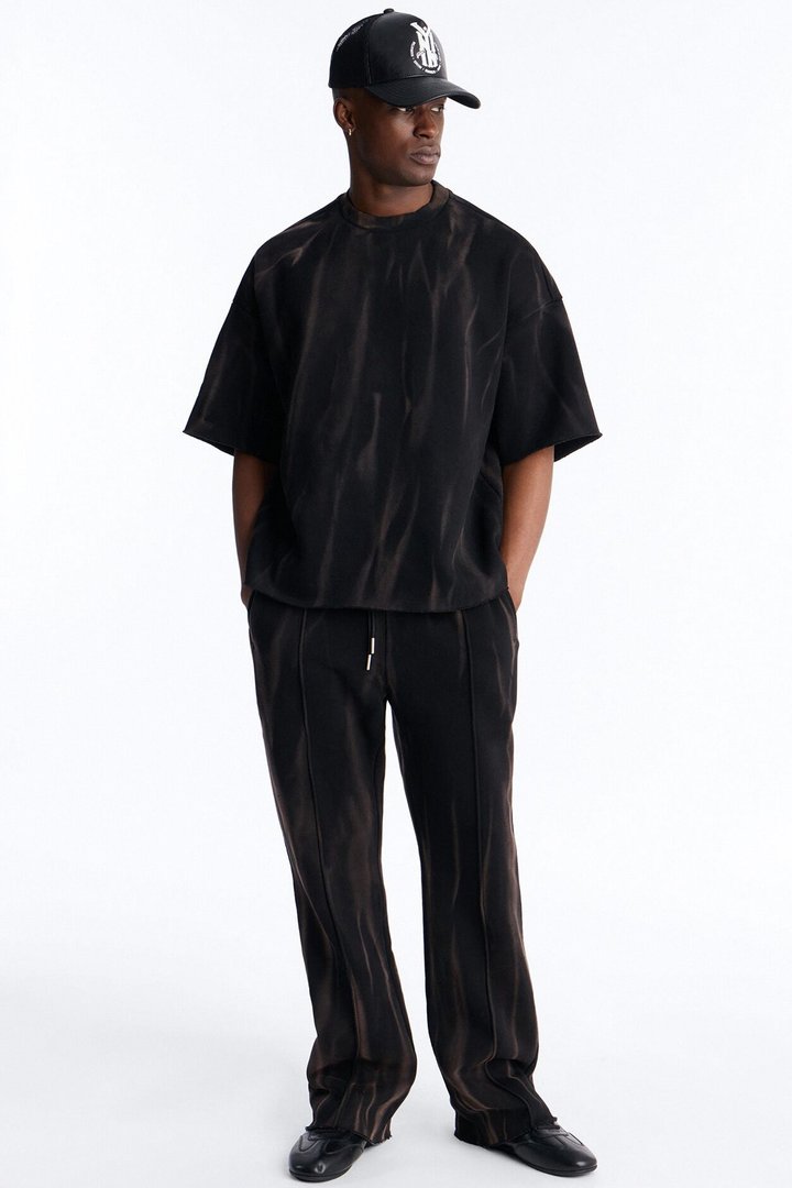 Slim Flare Bleach Washed Sweatpants - Black