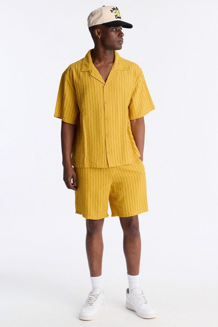 Relaxed Aegean Pleat Cuban Collar Button Up - Mustard