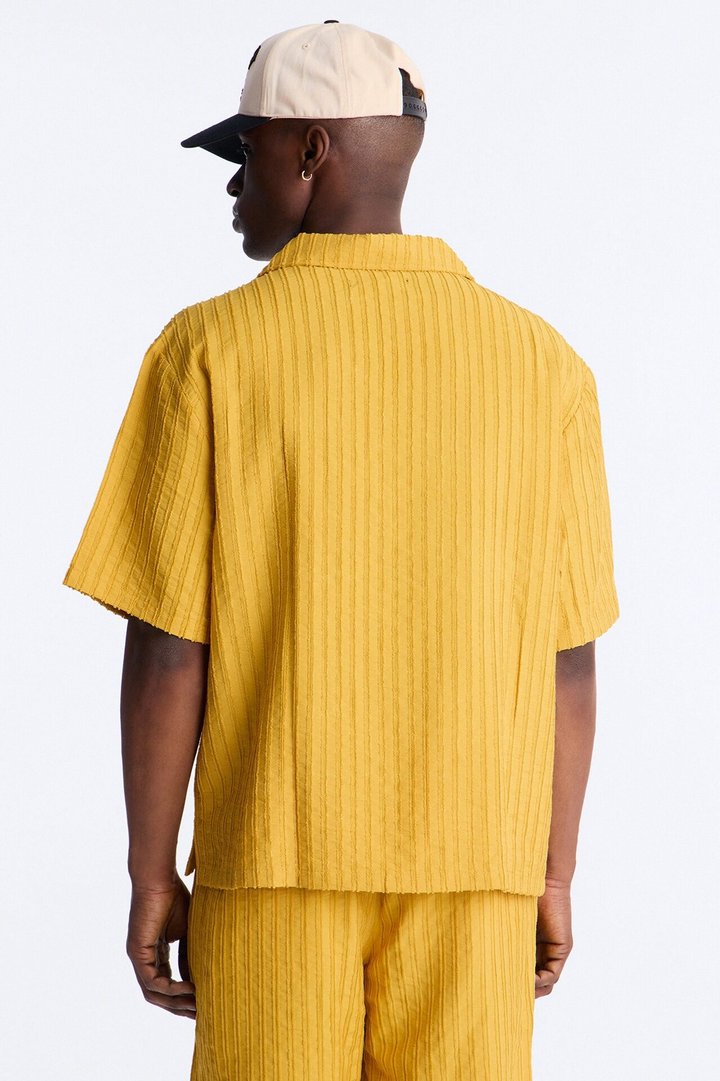 Relaxed Aegean Pleat Cuban Collar Button Up - Mustard