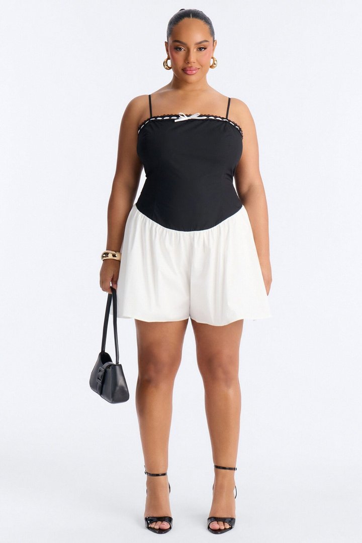 Tea Time Poplin Flowy Romper - Black/White