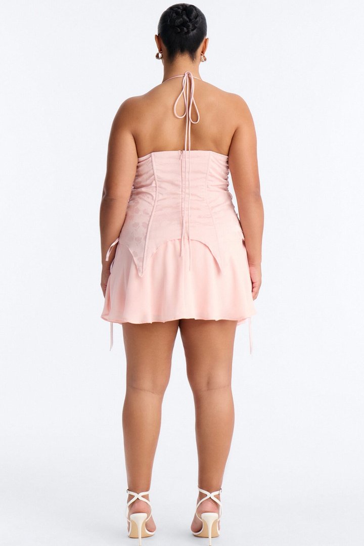 Spring Floral Jacquard Mini Dress - Light Pink