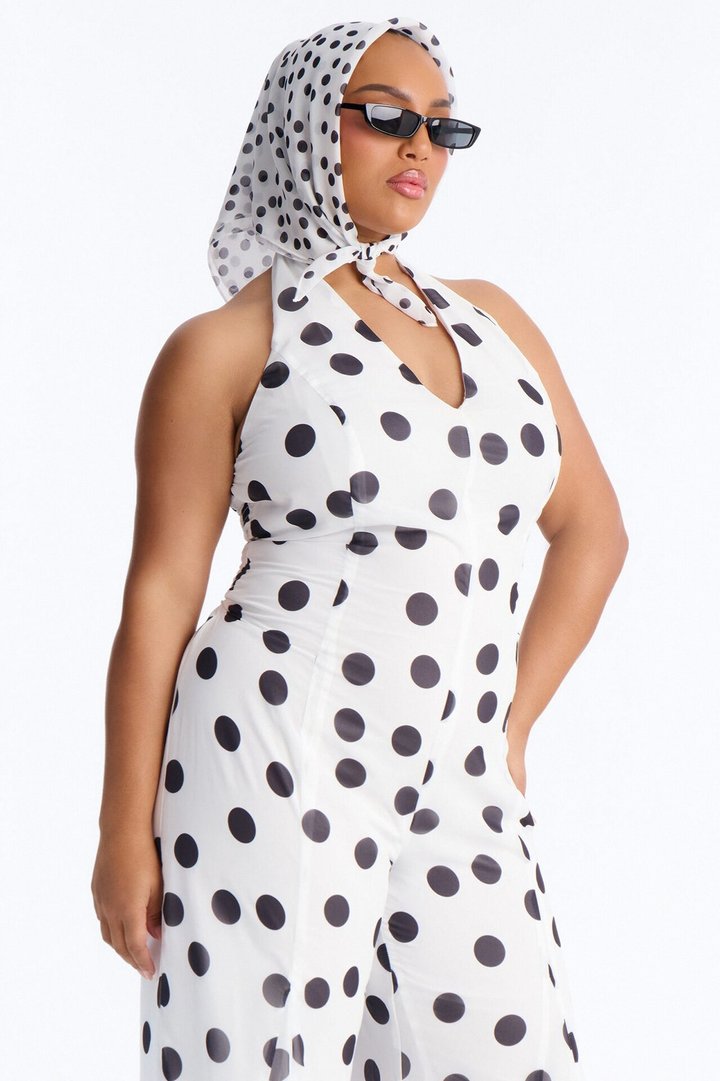 Bella Polka Dot Chiffon Headscarf And Jumpsuit - White/Black