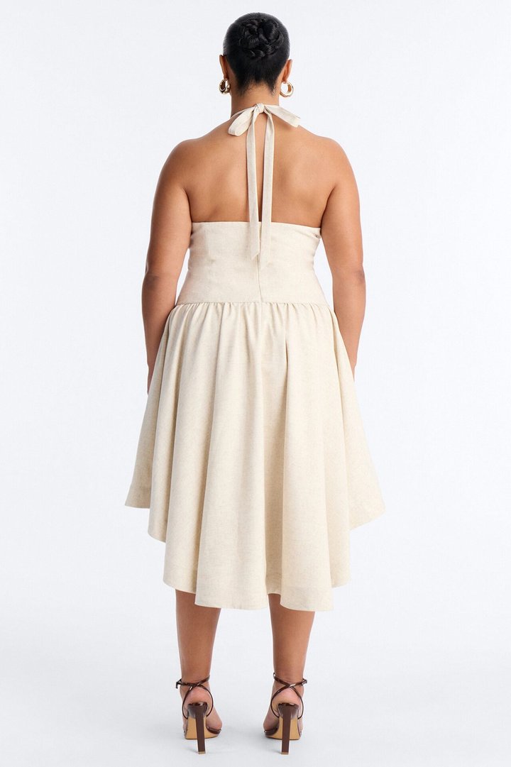 Linen Bloom Halter Midi Dress - Natural