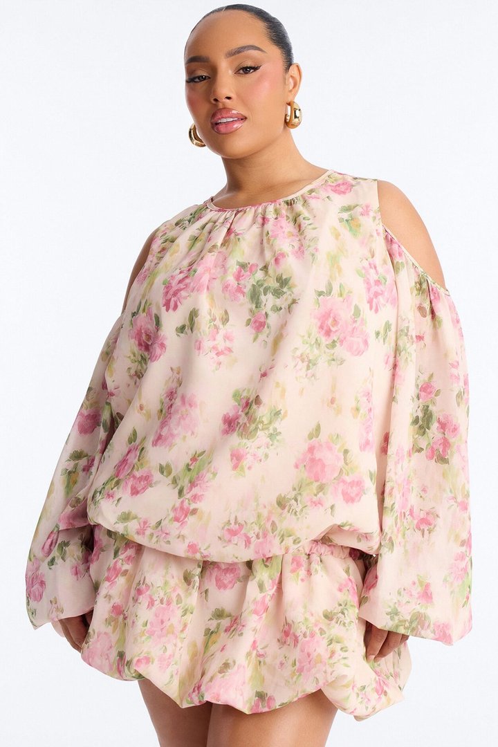Floral Obsession Cold Shoulder Chiffon Mini Dress - Multi Color