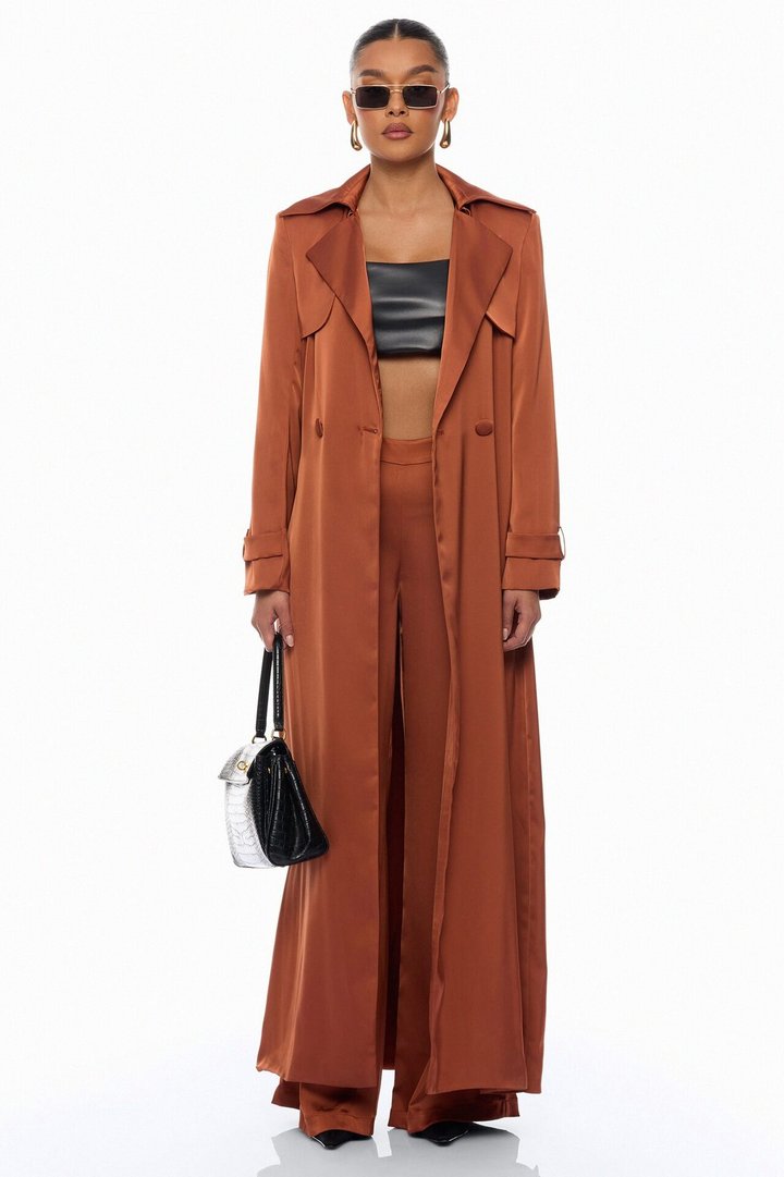 Gabriella Satin Trench Coat And Pant Set - Bronze
