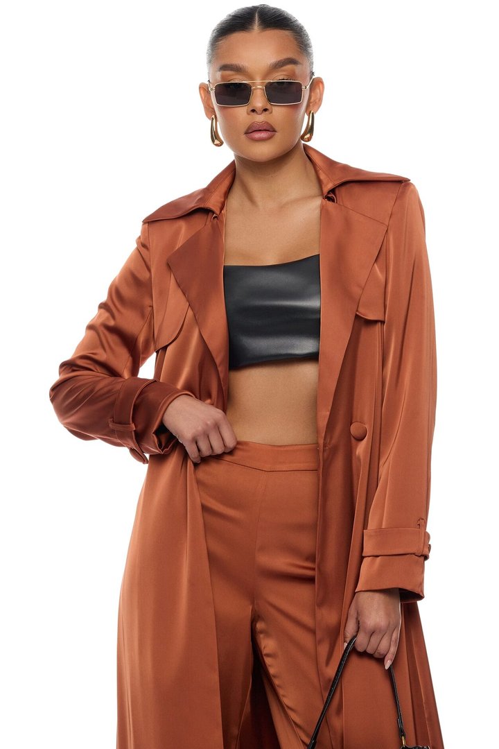 Gabriella Satin Trench Coat And Pant Set - Bronze