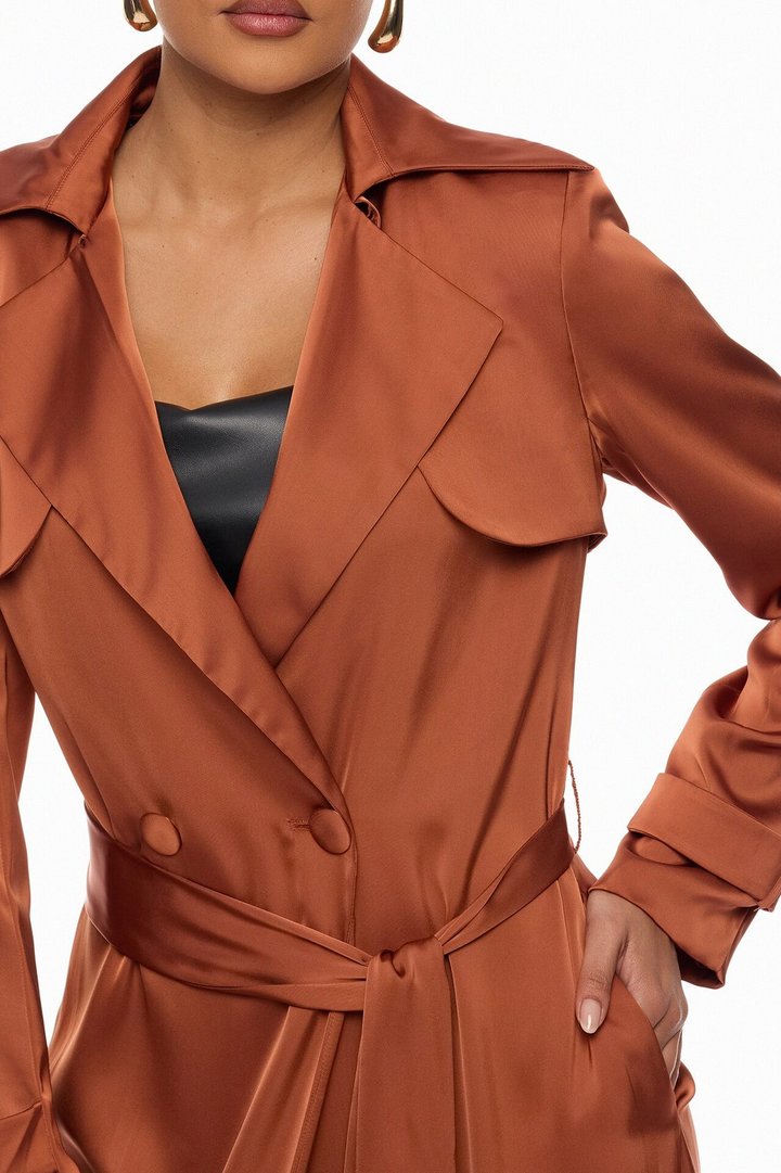 Gabriella Satin Trench Coat And Pant Set - Bronze