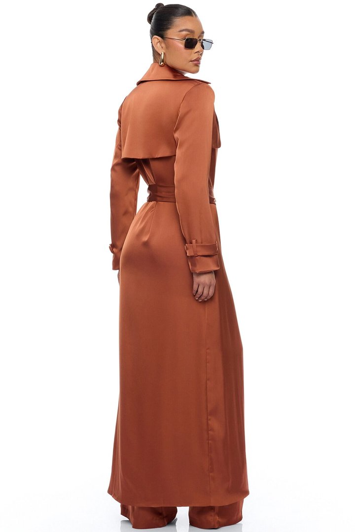 Gabriella Satin Trench Coat And Pant Set - Bronze