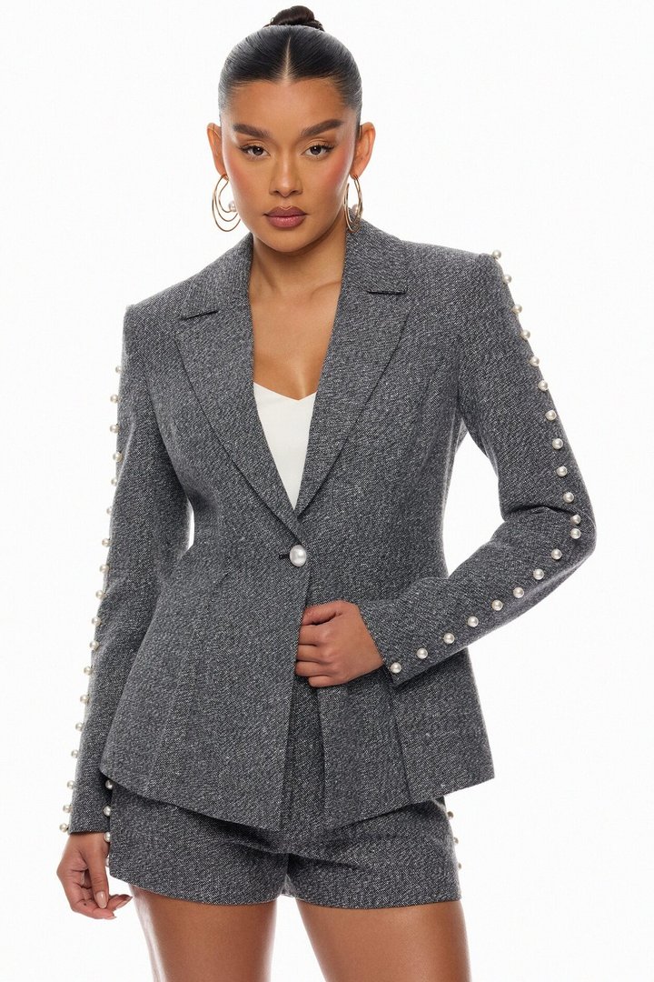 Monet Pearl Blazer Short Set - Charcoal