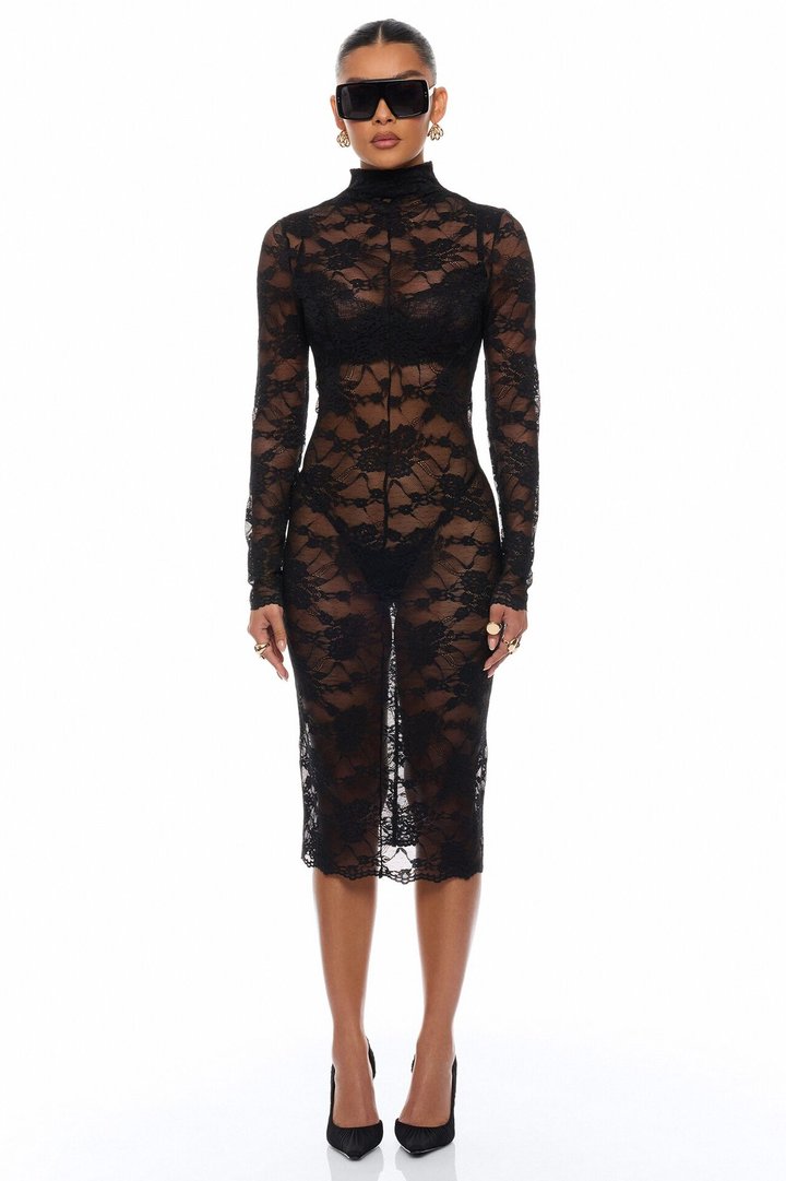 Gabriette Sheer Lace Midi Dress - Black