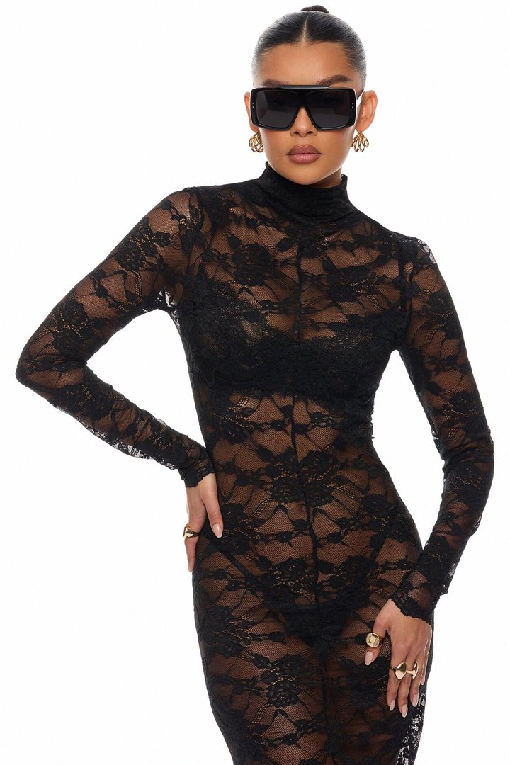 Gabriette Sheer Lace Midi Dress - Black