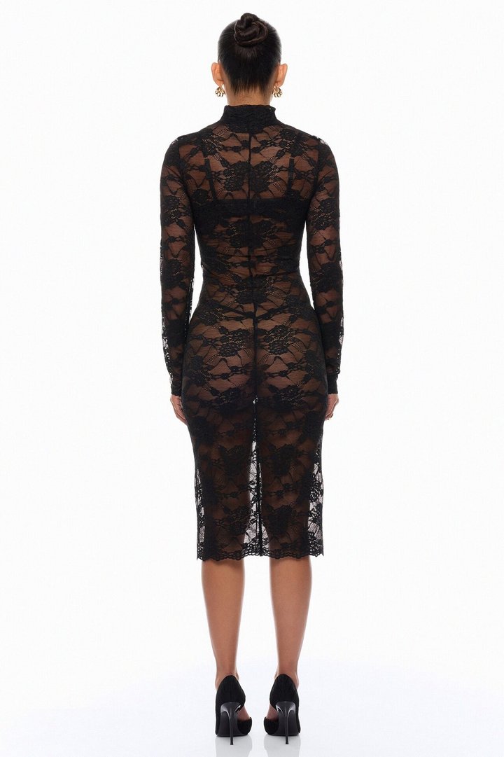 Gabriette Sheer Lace Midi Dress - Black