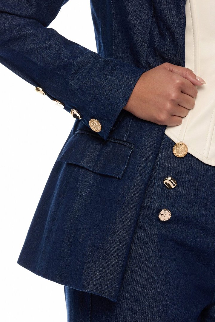 Odette Denim Blazer Wide Leg Pant Set - Dark Wash